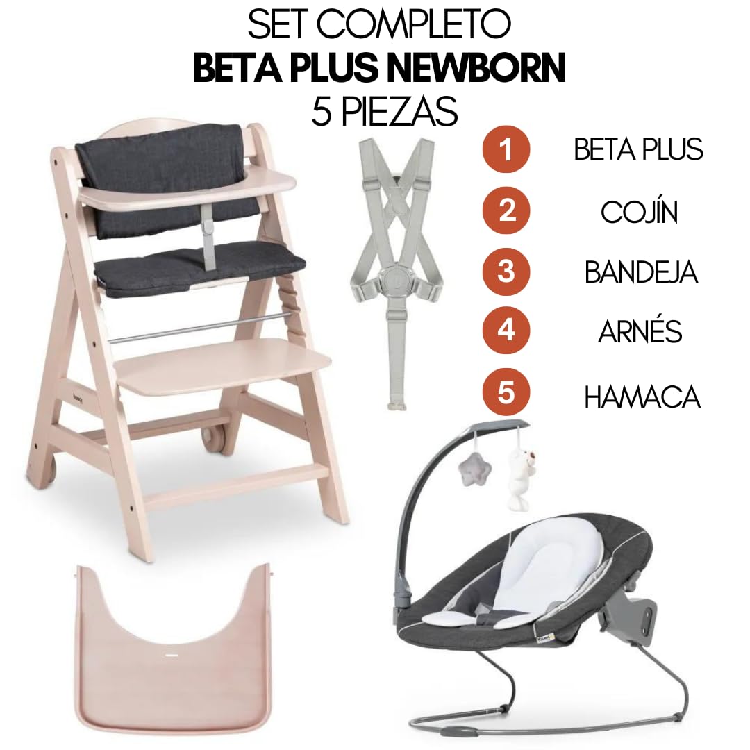 hauck Beta Newborn Set Trona Evolutiva de Madera, desde el Nacimiento, con Hamaca y Bandeja, Blanco Lavado/Gris Melange