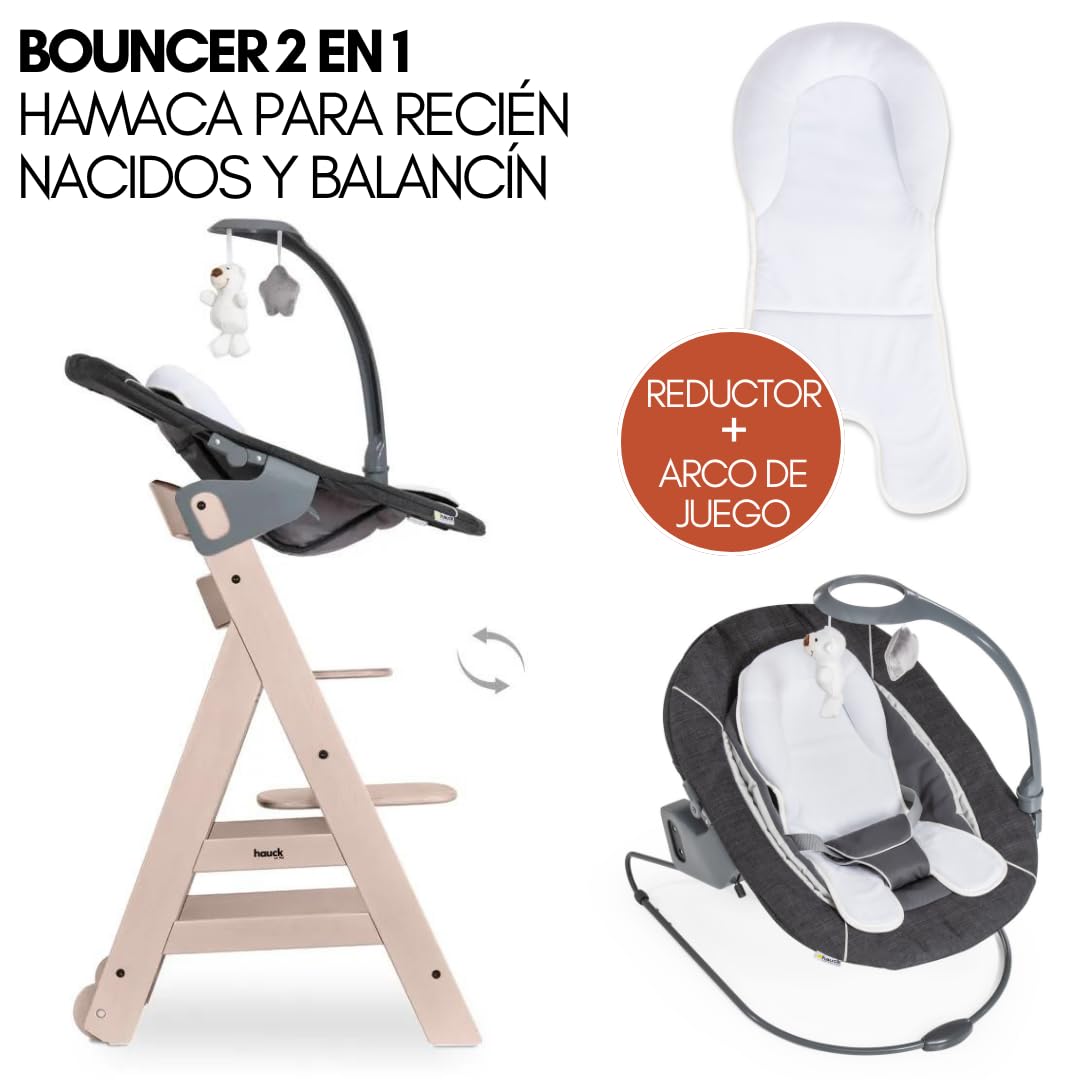 hauck Beta Newborn Set Trona Evolutiva de Madera, desde el Nacimiento, con Hamaca y Bandeja, Blanco Lavado/Gris Melange