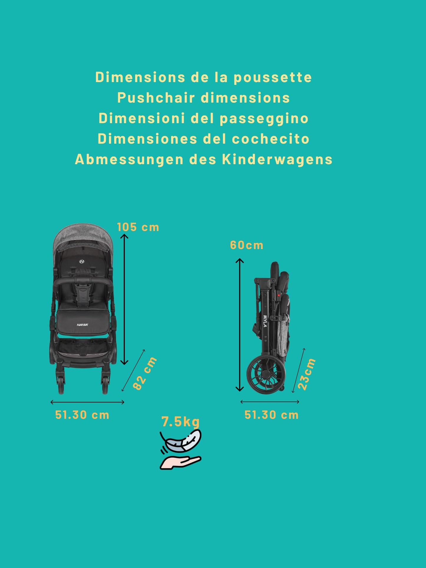 Nania Myla Cochecito de Paseo Compacto, Ligero (7.5 kg), desde Nacimiento hasta 22 kg, con Posición Reclinable Larga y Gran Cesta