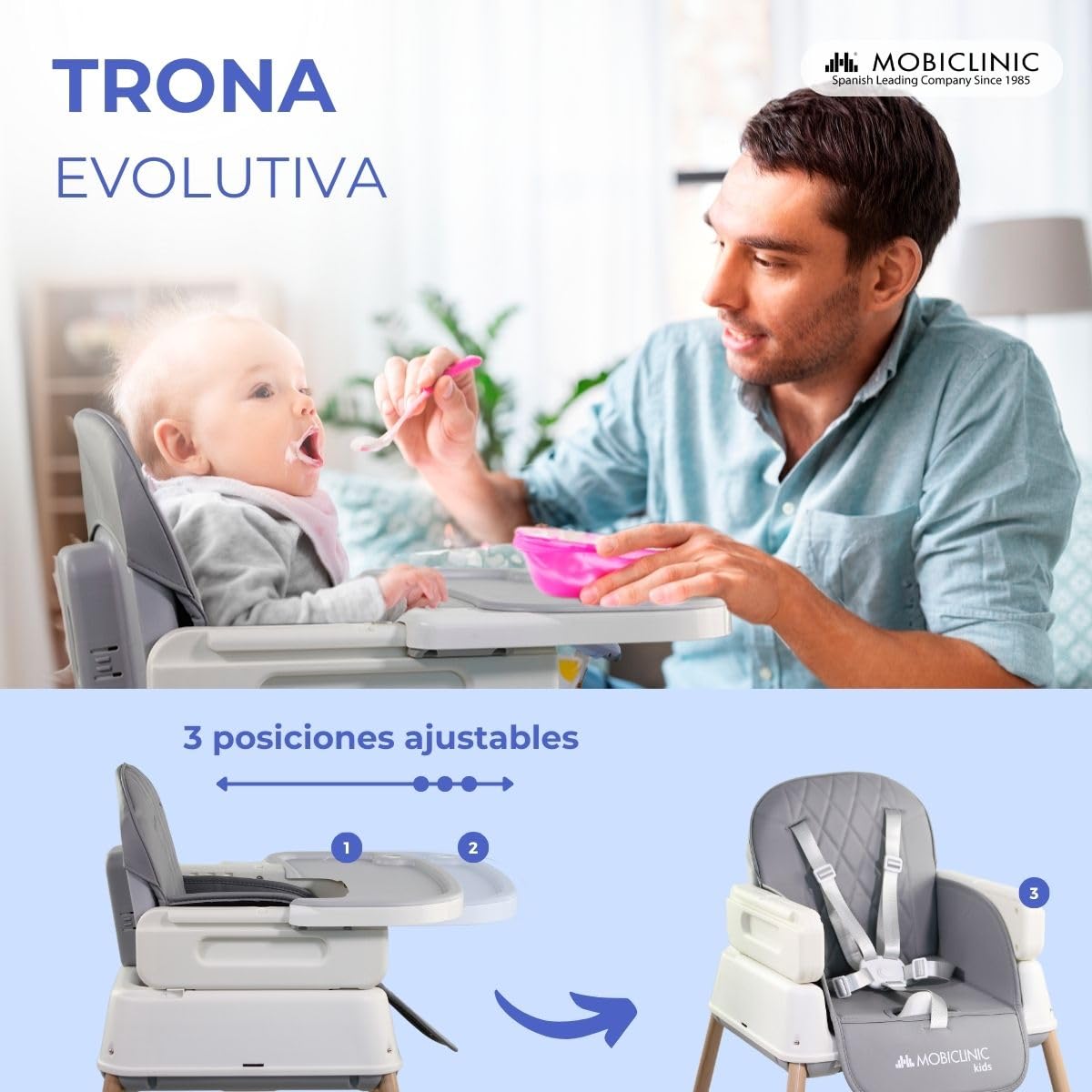 Mobiclinic Kids Kiara Trona Evolutiva 3 en 1, Plegable, Bandeja Ajustable, Impermeable, de 6-36 Meses