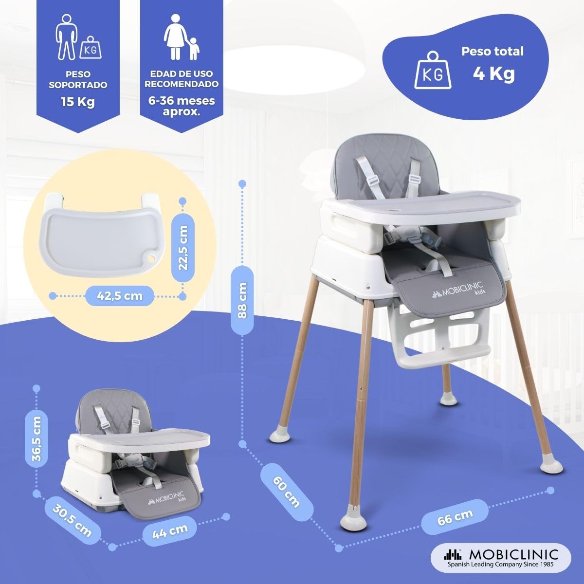 Mobiclinic Kids Kiara Trona Evolutiva 3 en 1, Plegable, Bandeja Ajustable, Impermeable, de 6-36 Meses