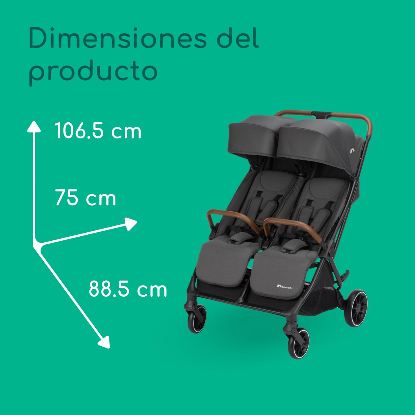 Bebeconfort Mane Carrito Gemelar, Plegado Automático, Reclinación Total, Arnés 5 Puntos, Mineral Graphite