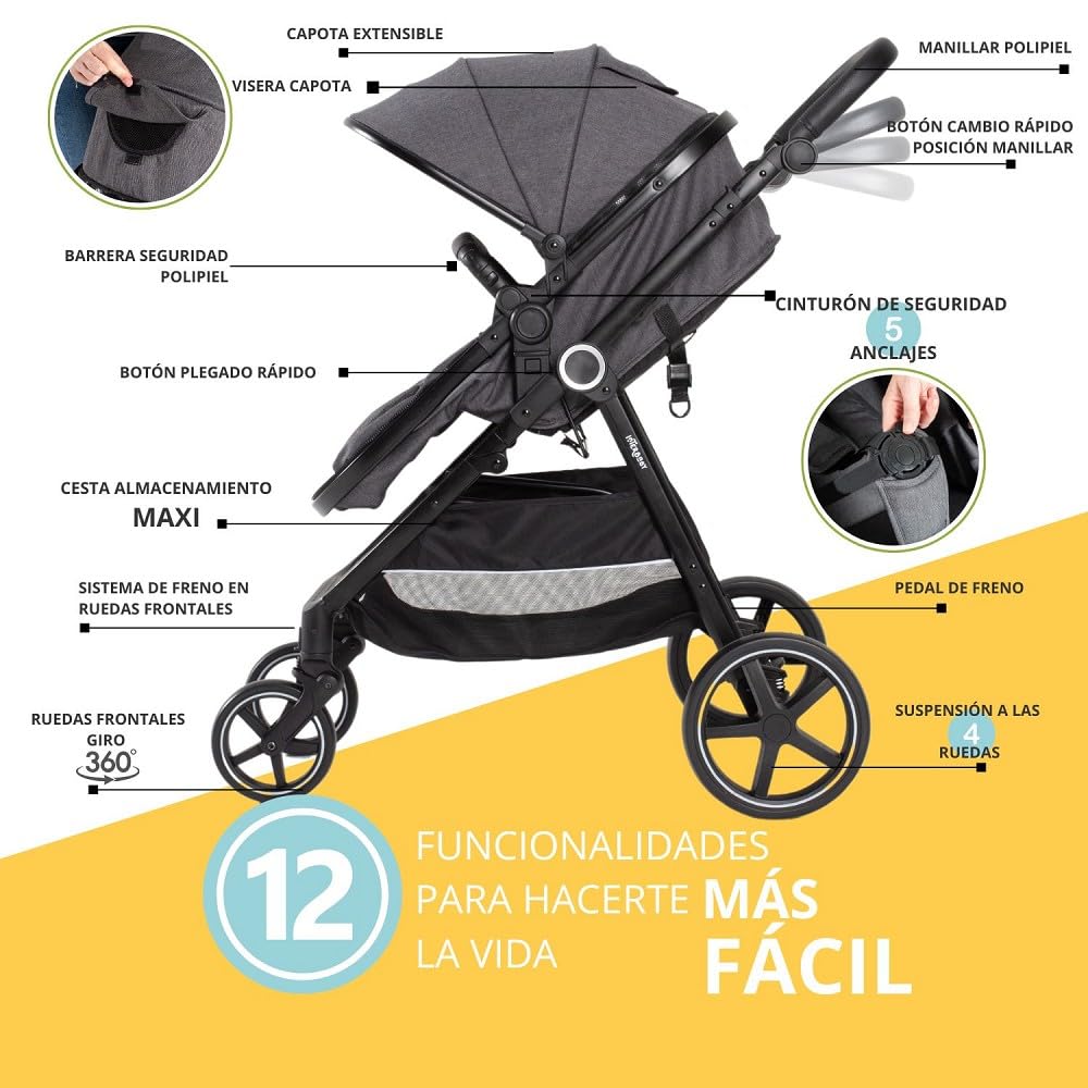 Interbaby Versa Cochecito de Bebé 2 en 1, desde el Nacimiento, hasta 22 kg, con Amortiguadores, Gris