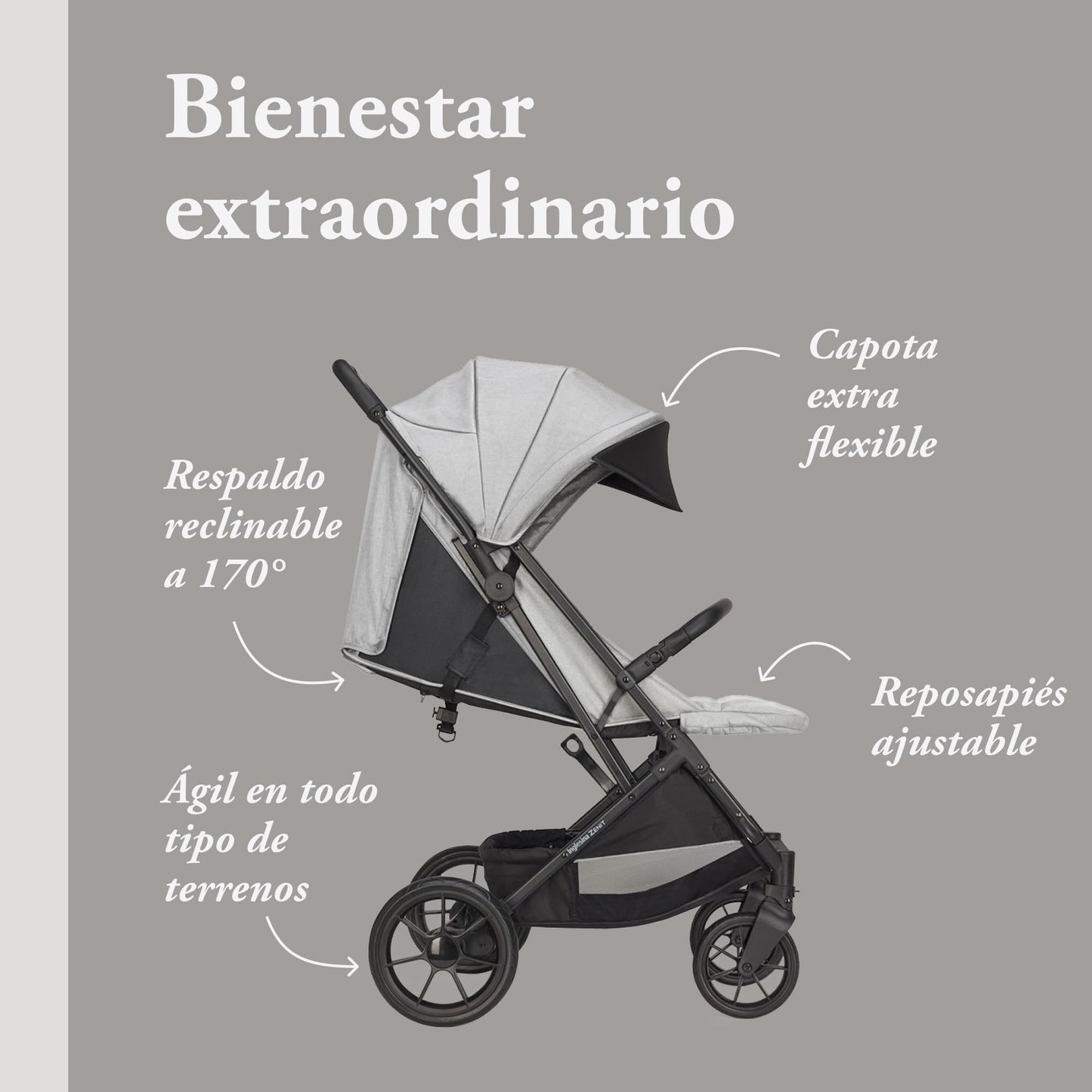 Inglesina Zenit Silla de Paseo Compacta, hasta 22 kg, con Ruedas Grandes, Gris