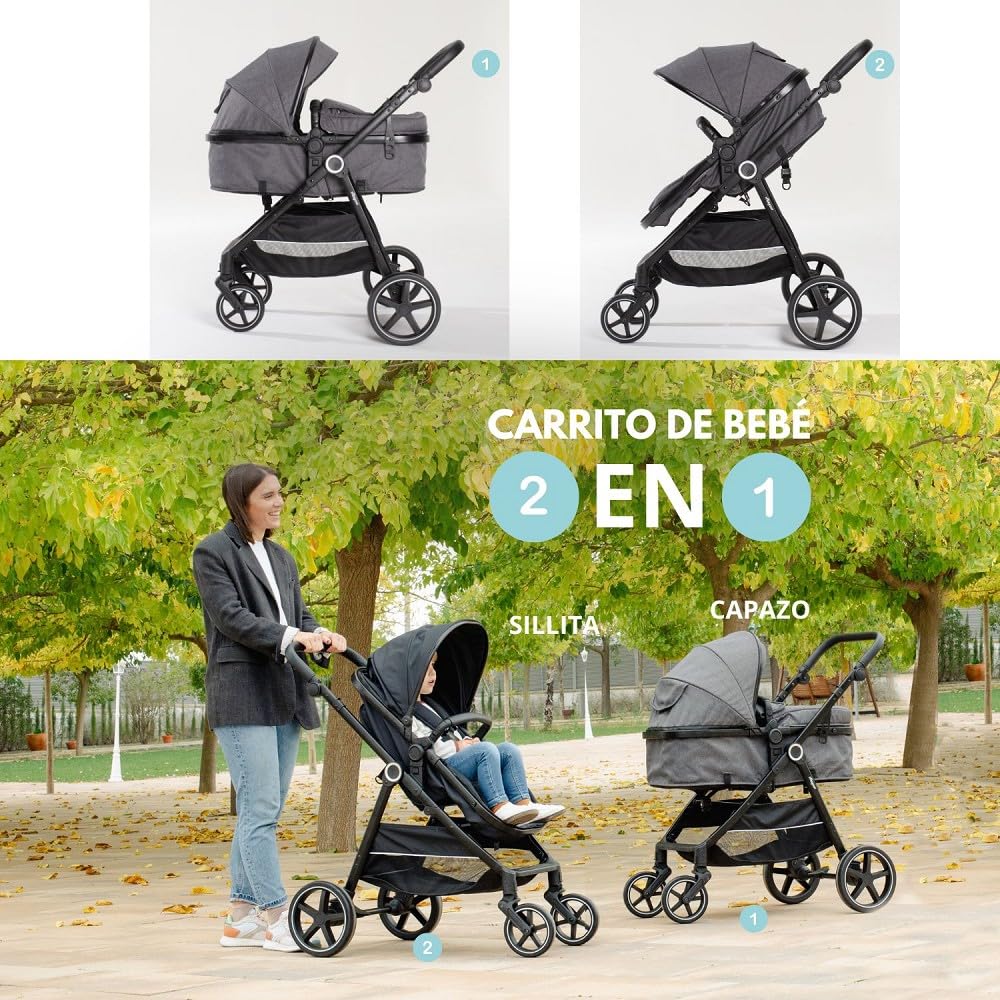 Interbaby Versa Cochecito de Bebé 2 en 1, desde el Nacimiento, hasta 22 kg, con Amortiguadores, Gris