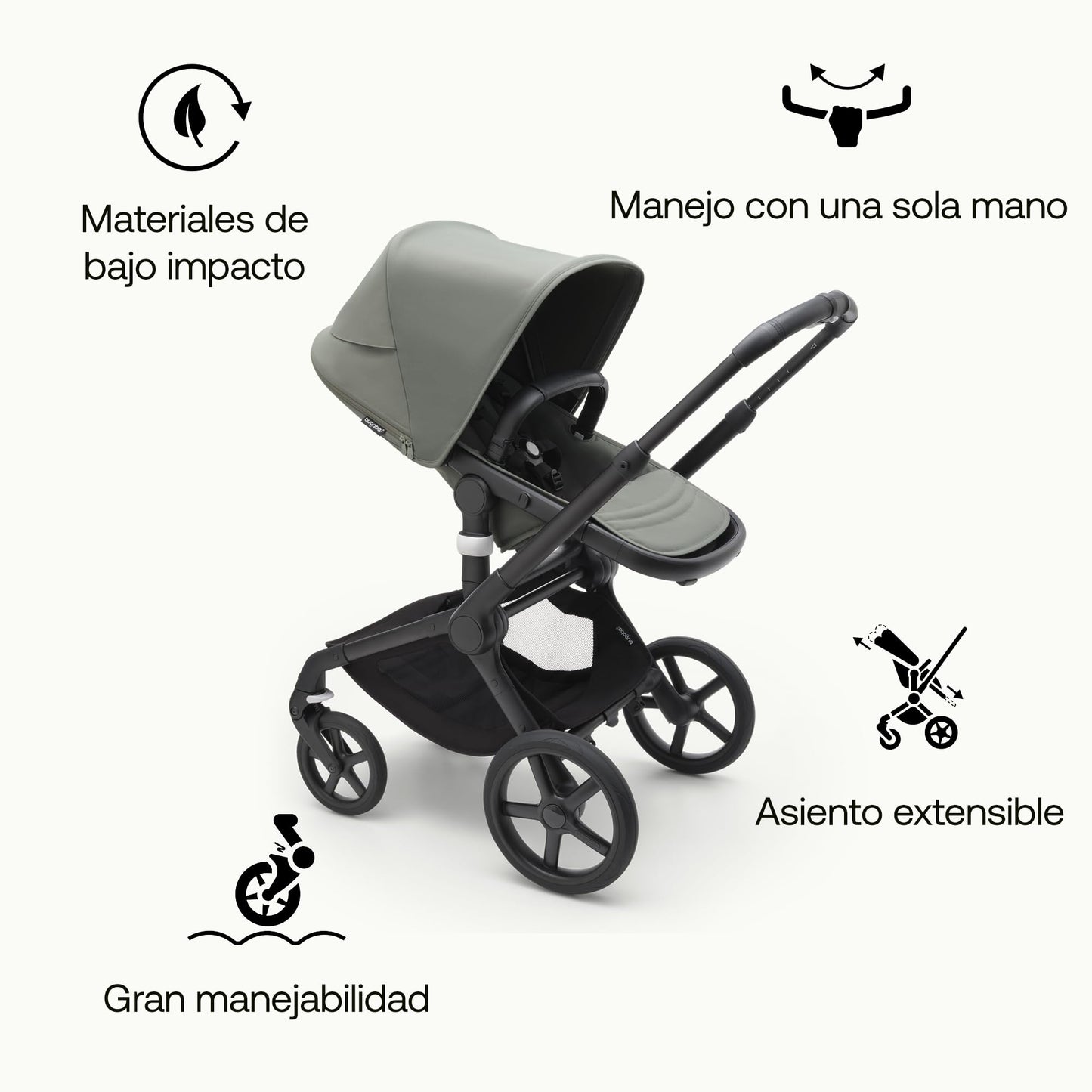 Bugaboo Fox 5 Cochecito de Bebé 2 en 1 Todo Terreno, Suspensión Total, Fácil Plegado, Chasis Negro / Capota Forest Green