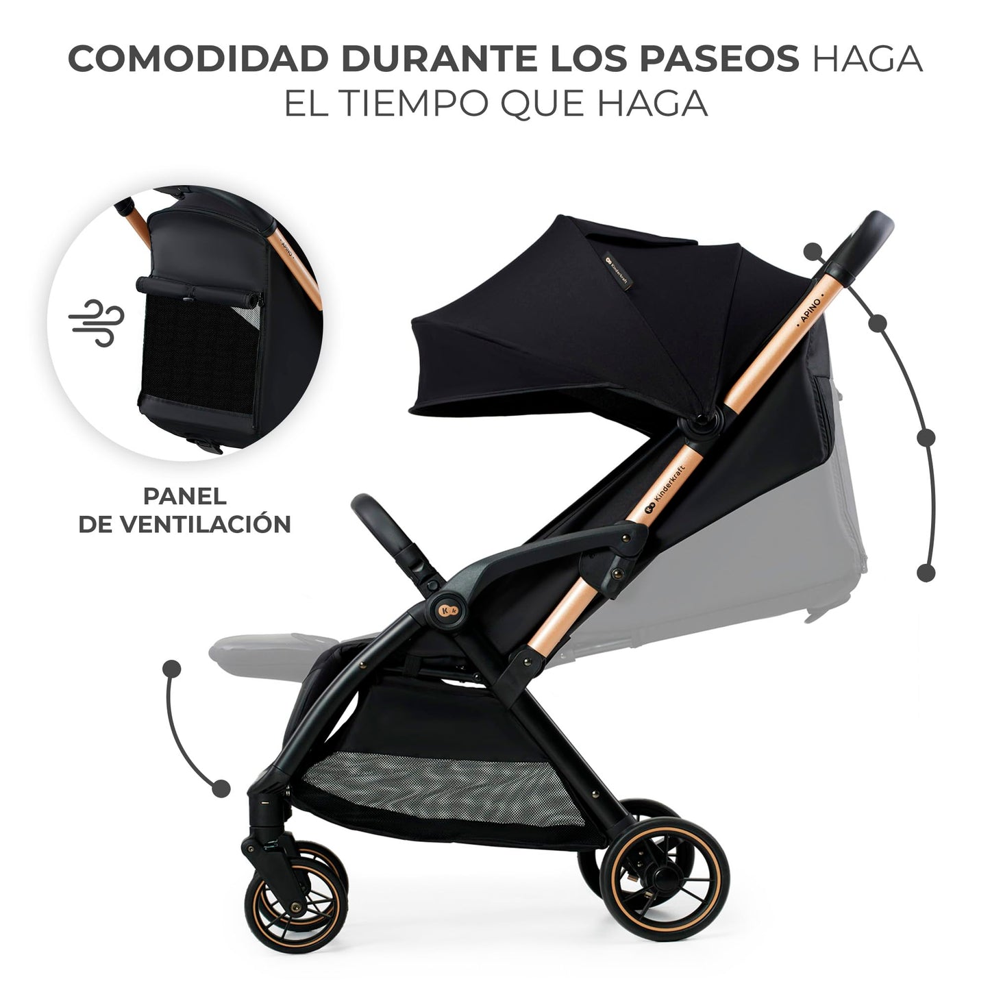Kinderkraft APINO Silla de Paseo Ligera, Plegado Automático, Posición Tumbada, hasta 24 kg, Negro