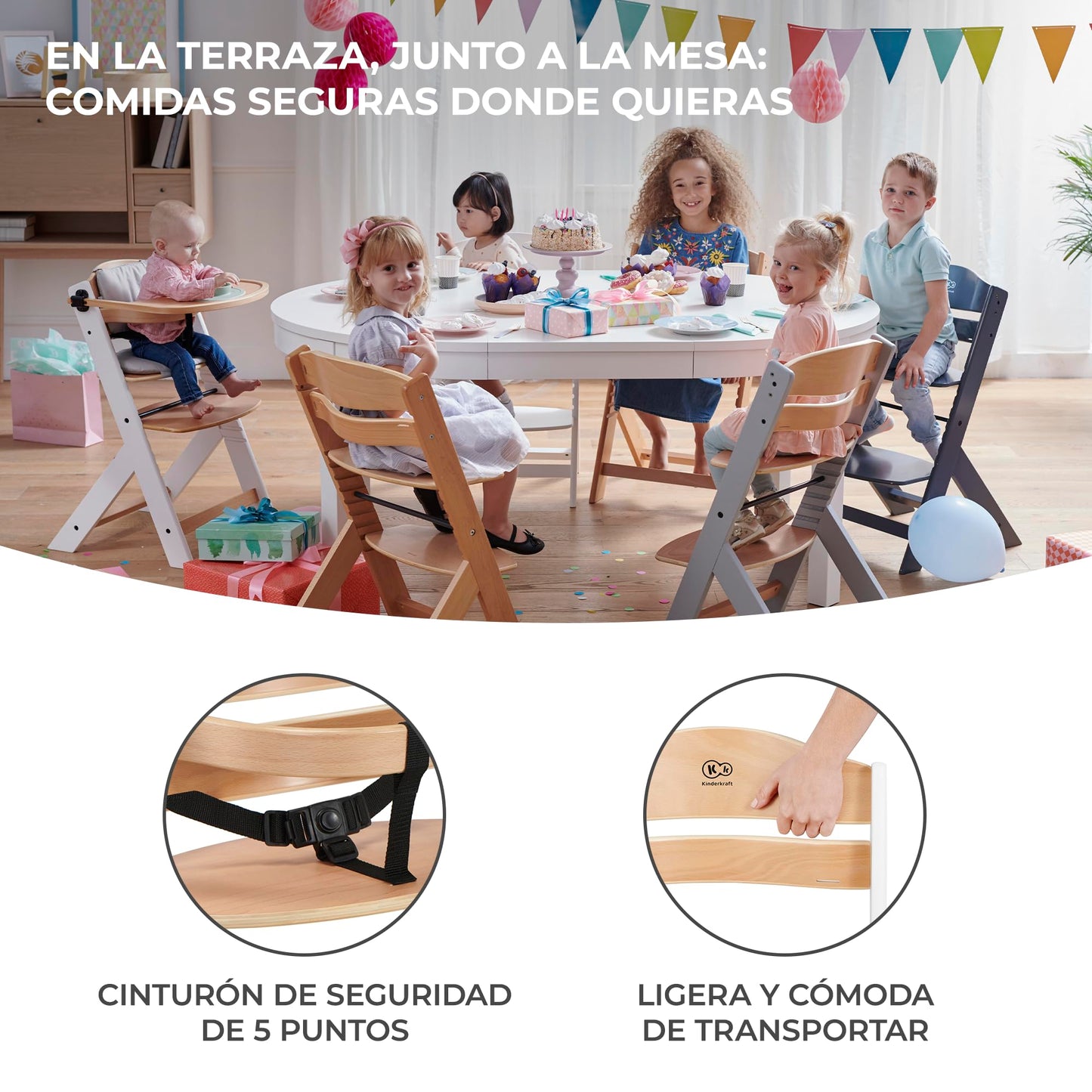 Kinderkraft ENOCK Trona Evolutiva de Madera, con Bandeja y Barrera, Portátil, Madera Natural