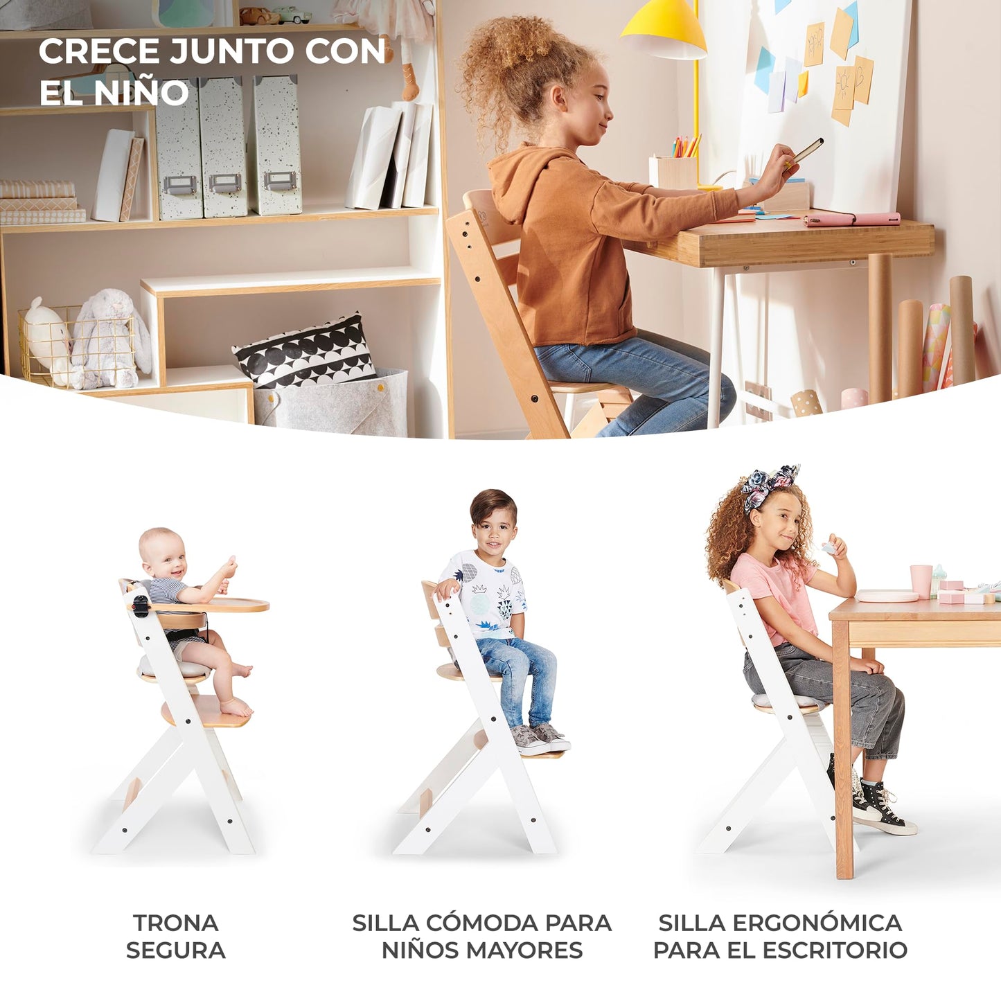 Kinderkraft ENOCK Trona Evolutiva de Madera, con Bandeja y Barrera, Portátil, Madera Natural