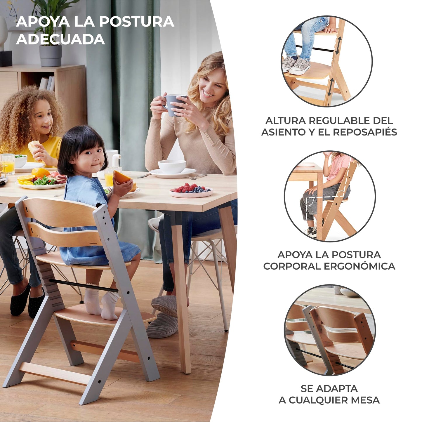 Kinderkraft ENOCK Trona Evolutiva de Madera, con Bandeja y Barrera, Portátil, Madera Natural