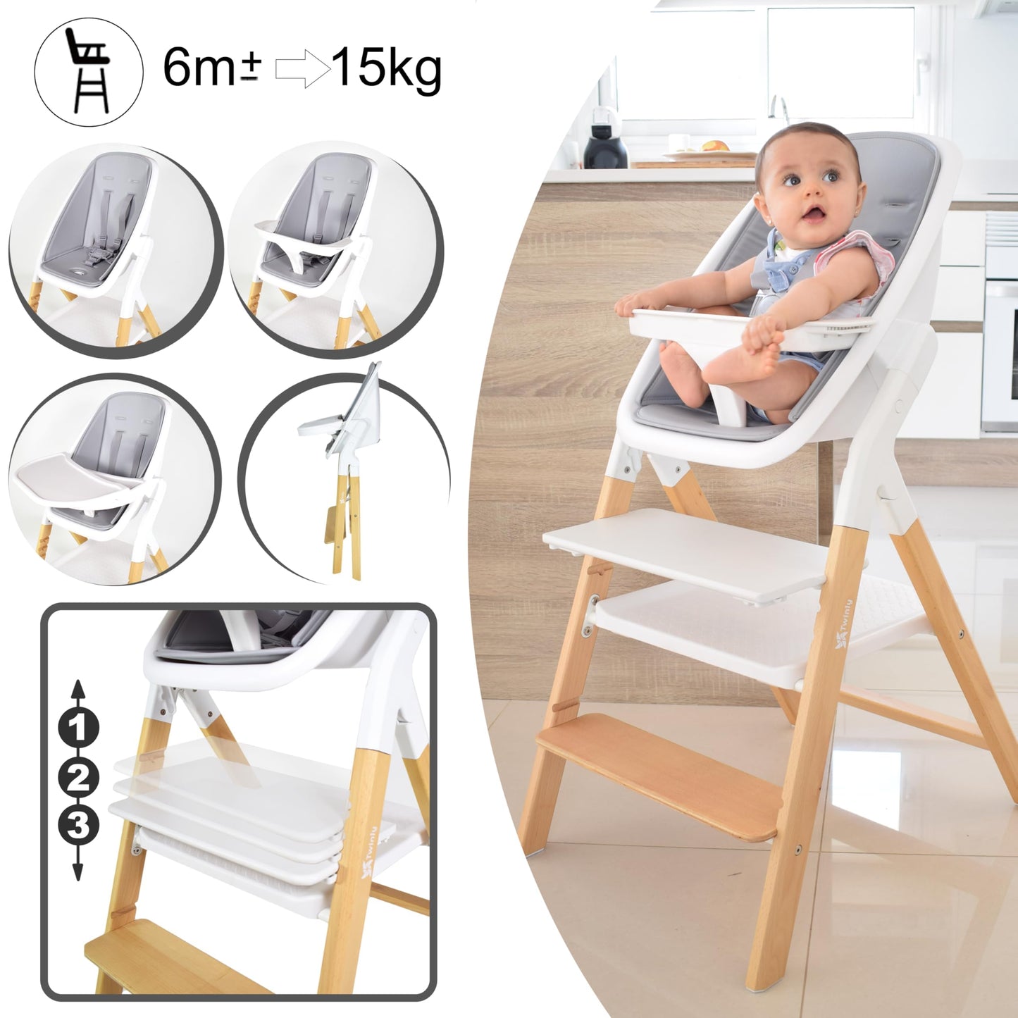 Twinly Alaia Trona Evolutiva 5 en 1, desde el Nacimiento, Plegable, Torre de Aprendizaje, Madera de Haya