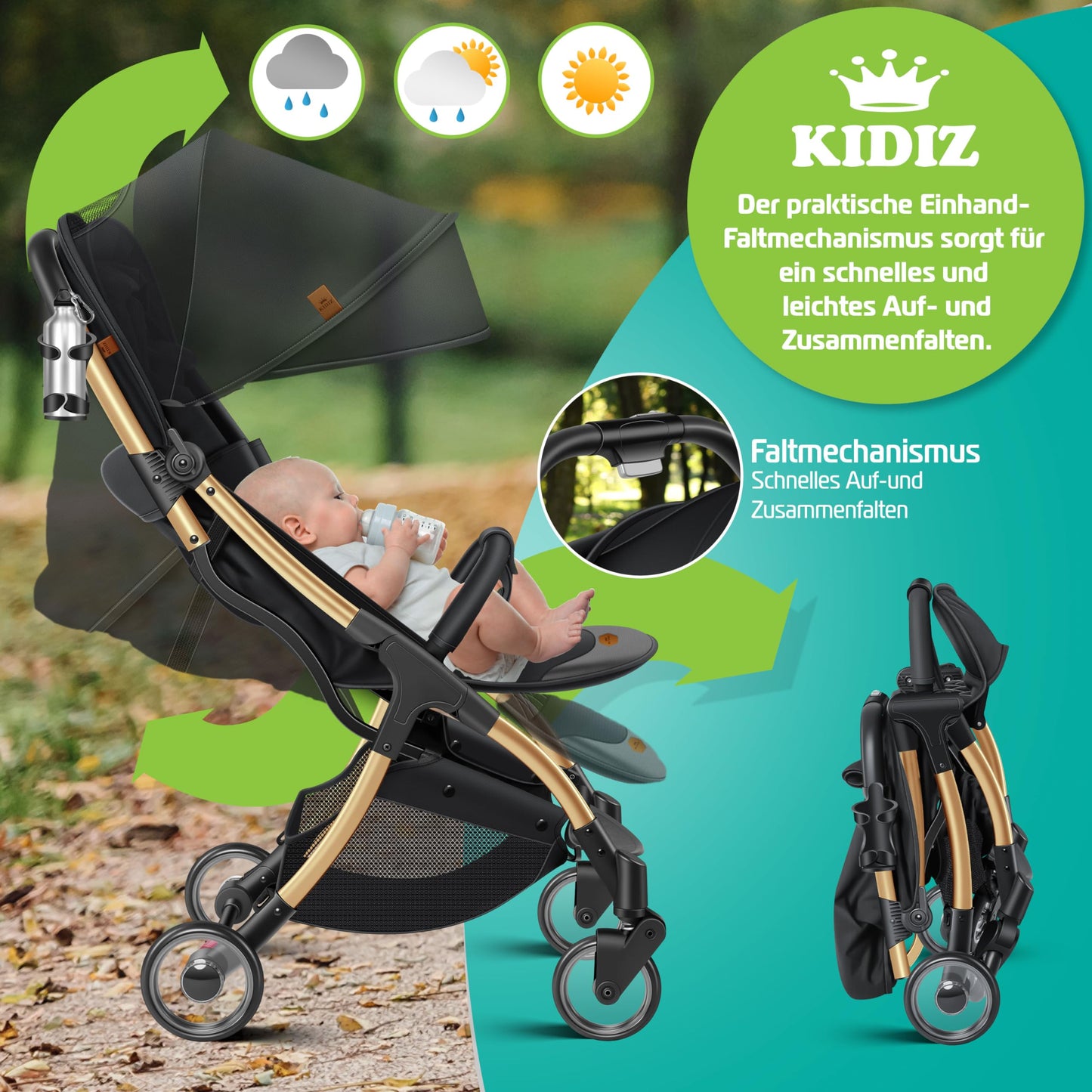KIDIZ Silla de Paseo Plegable, con Ruedas 360°, Arnés 5 Puntos, Incluye Portavasos y Protector de Lluvia, Champán