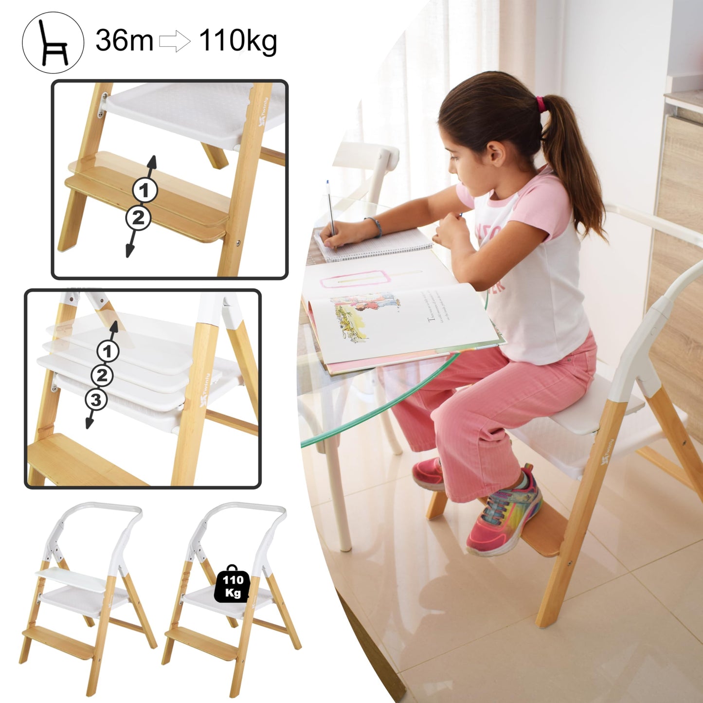 Twinly Alaia Trona Evolutiva 5 en 1, desde el Nacimiento, Plegable, Torre de Aprendizaje, Madera de Haya