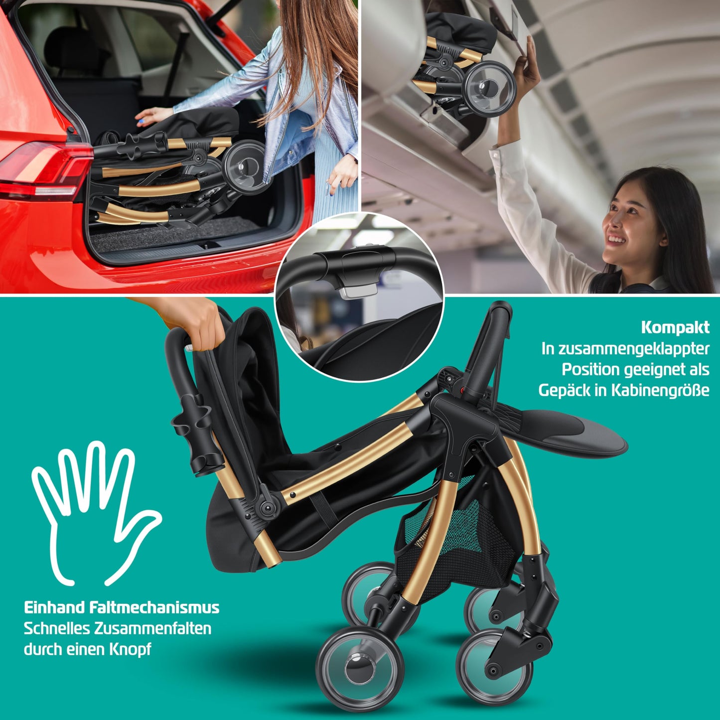 KIDIZ Silla de Paseo Plegable, con Ruedas 360°, Arnés 5 Puntos, Incluye Portavasos y Protector de Lluvia, Champán