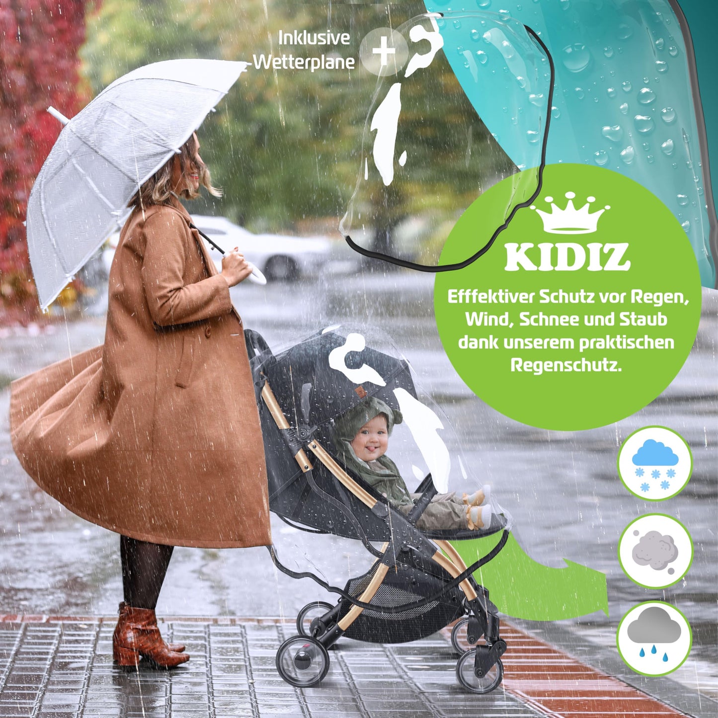 KIDIZ Silla de Paseo Plegable, con Ruedas 360°, Arnés 5 Puntos, Incluye Portavasos y Protector de Lluvia, Champán