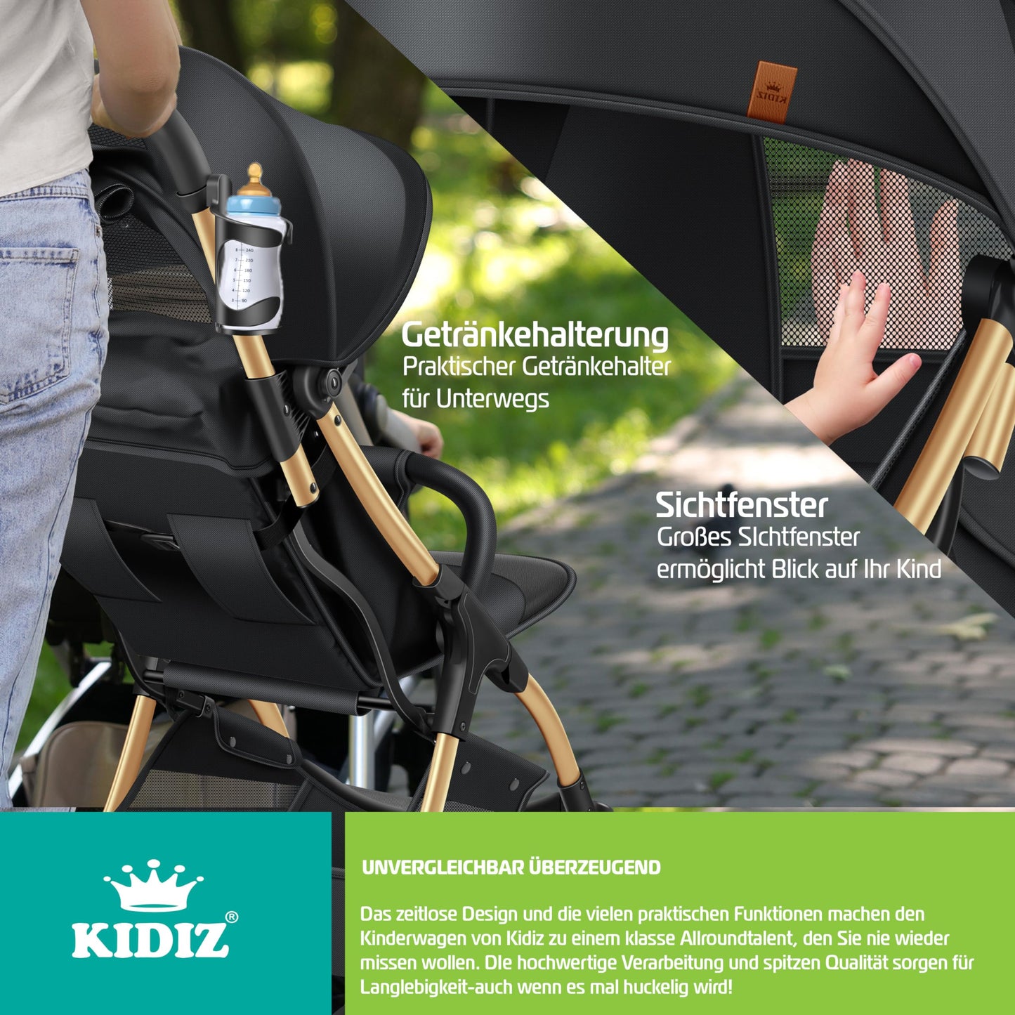 KIDIZ Silla de Paseo Plegable, con Ruedas 360°, Arnés 5 Puntos, Incluye Portavasos y Protector de Lluvia, Champán