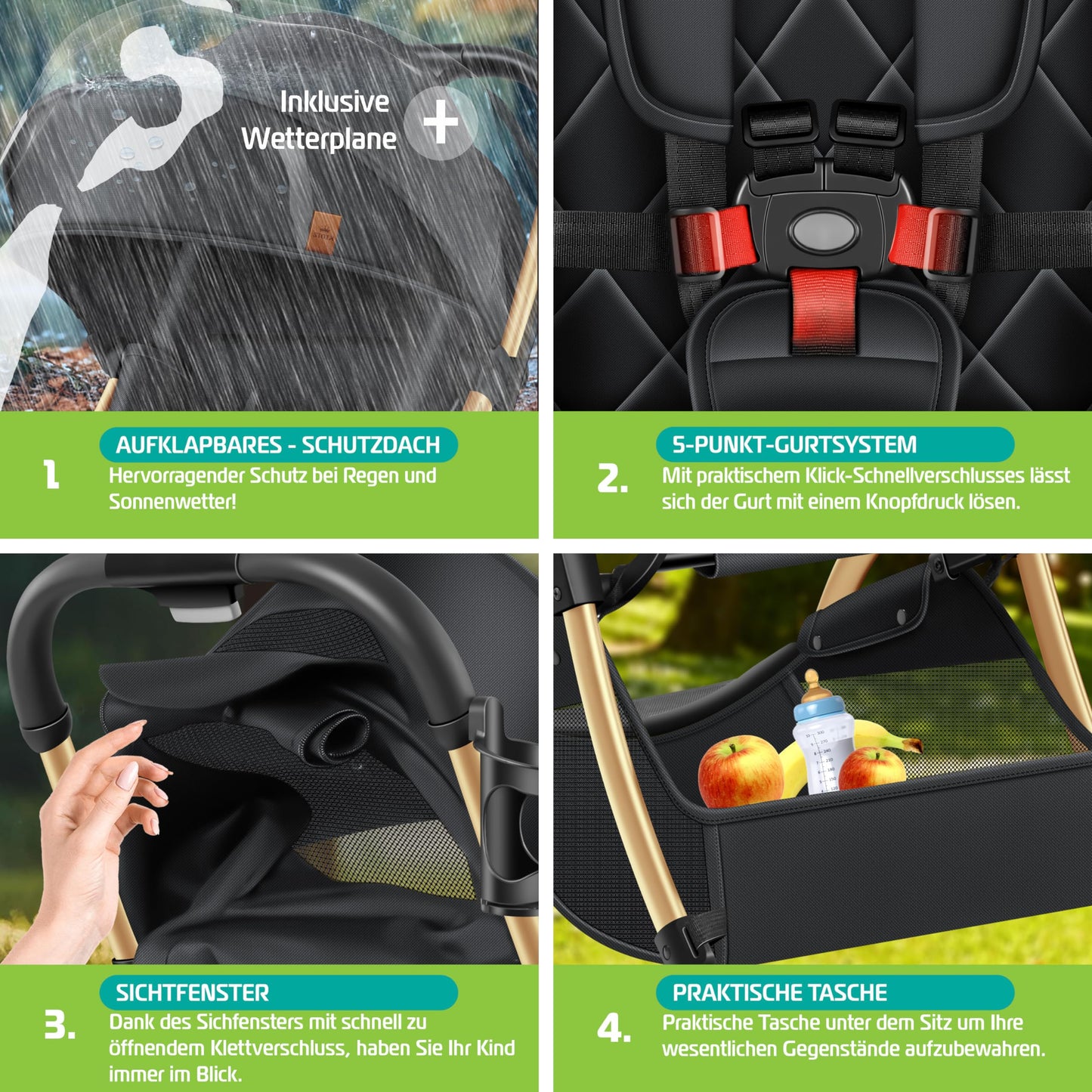 KIDIZ Silla de Paseo Plegable, con Ruedas 360°, Arnés 5 Puntos, Incluye Portavasos y Protector de Lluvia, Champán
