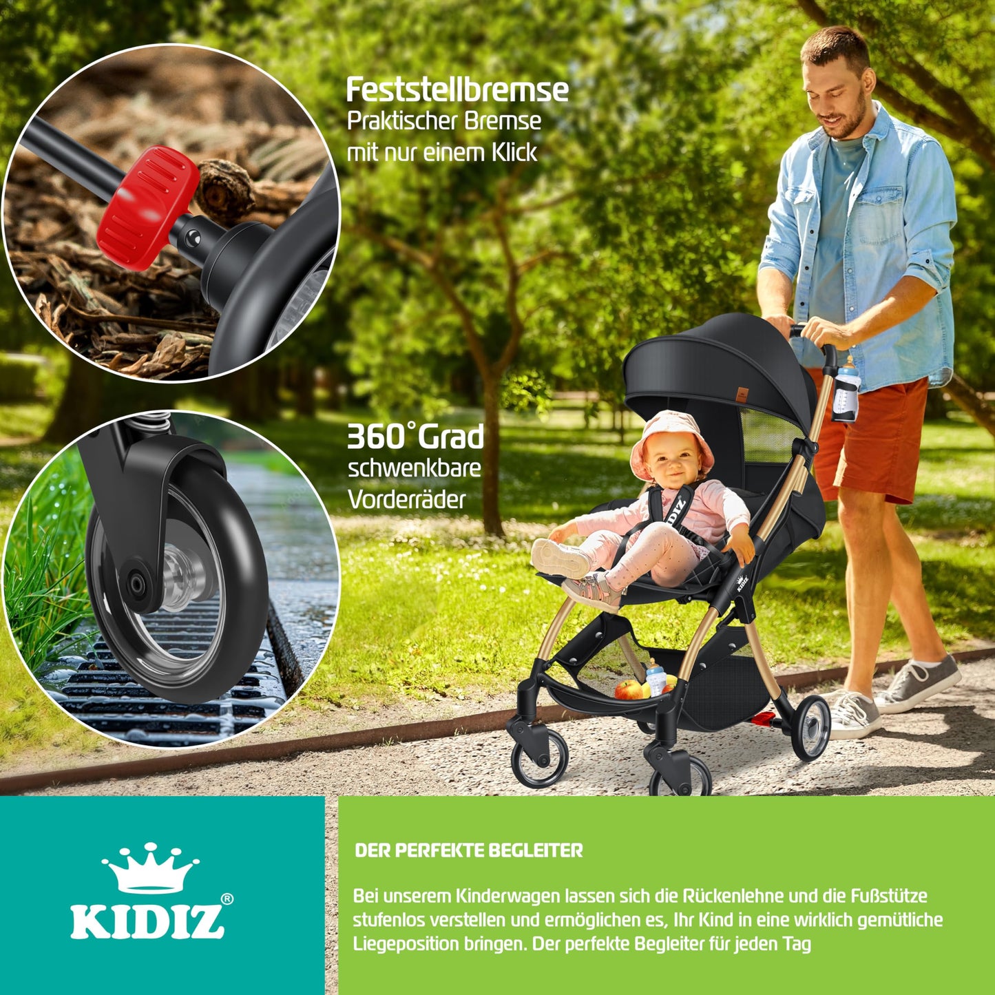 KIDIZ Silla de Paseo Plegable, con Ruedas 360°, Arnés 5 Puntos, Incluye Portavasos y Protector de Lluvia, Champán