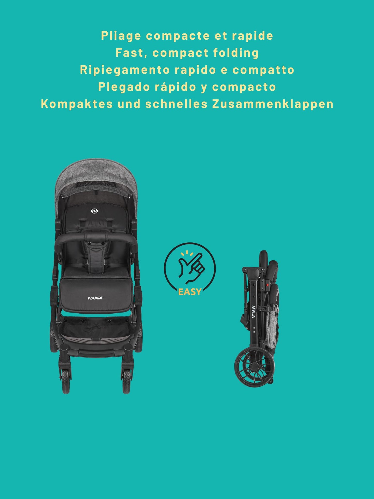 Nania Myla Cochecito de Paseo Compacto, Ligero (7.5 kg), desde Nacimiento hasta 22 kg, con Posición Reclinable Larga y Gran Cesta