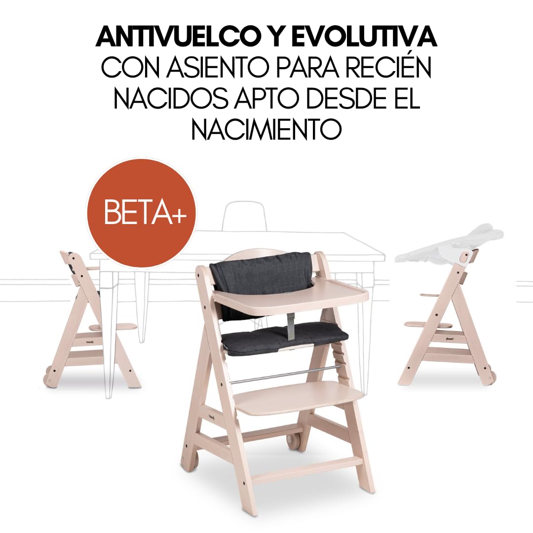 hauck Beta Newborn Set Trona Evolutiva de Madera, desde el Nacimiento, con Hamaca y Bandeja, Blanco Lavado/Gris Melange