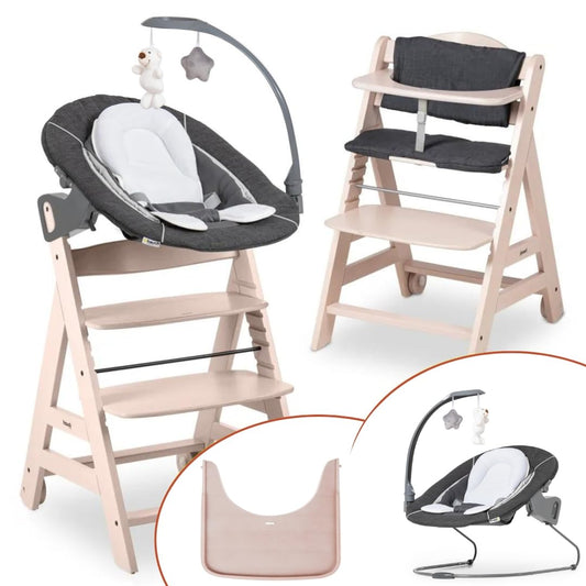 hauck Beta Newborn Set Trona Evolutiva de Madera, desde el Nacimiento, con Hamaca y Bandeja, Blanco Lavado/Gris Melange