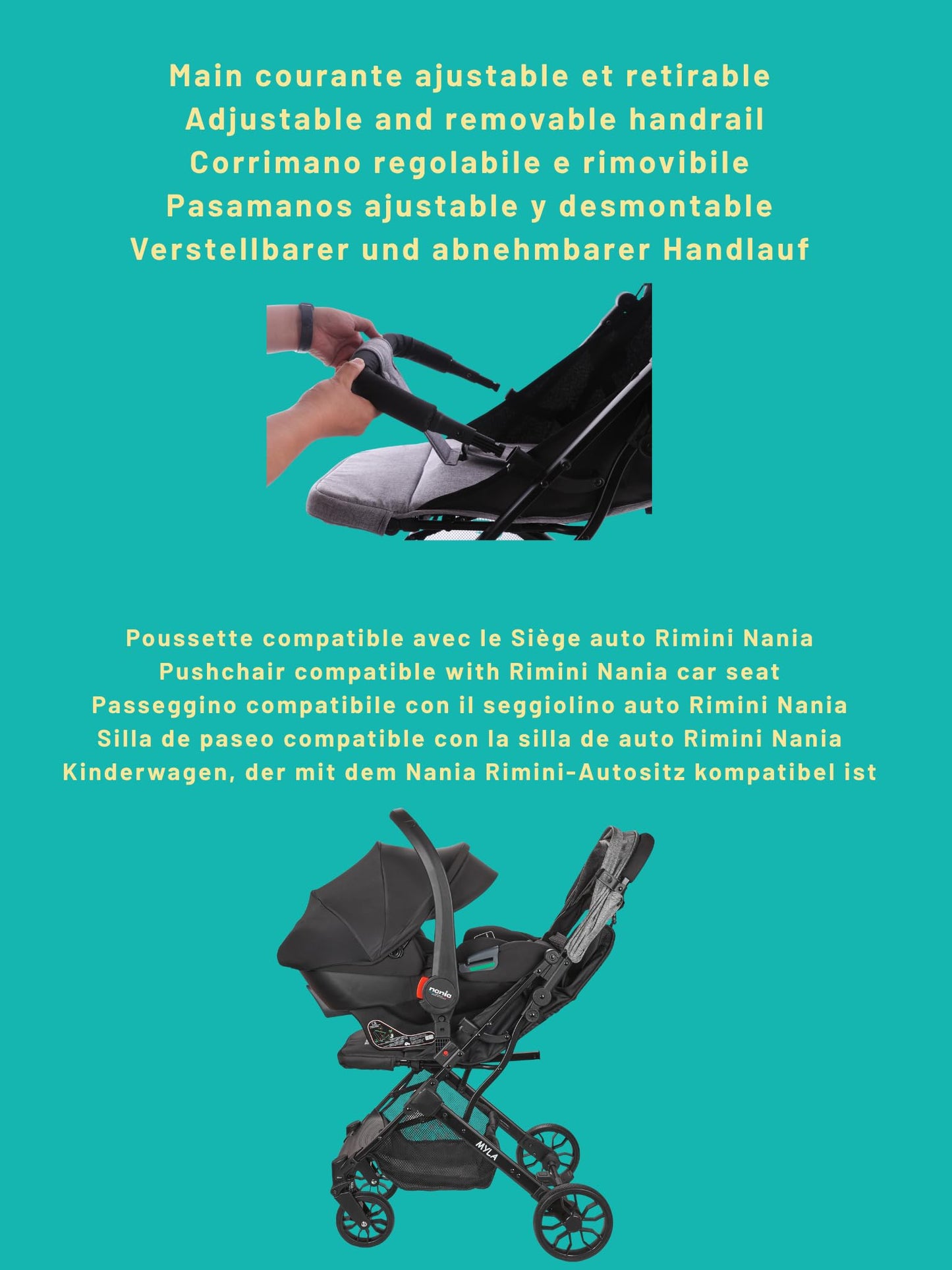 Nania Myla Cochecito de Paseo Compacto, Ligero (7.5 kg), desde Nacimiento hasta 22 kg, con Posición Reclinable Larga y Gran Cesta