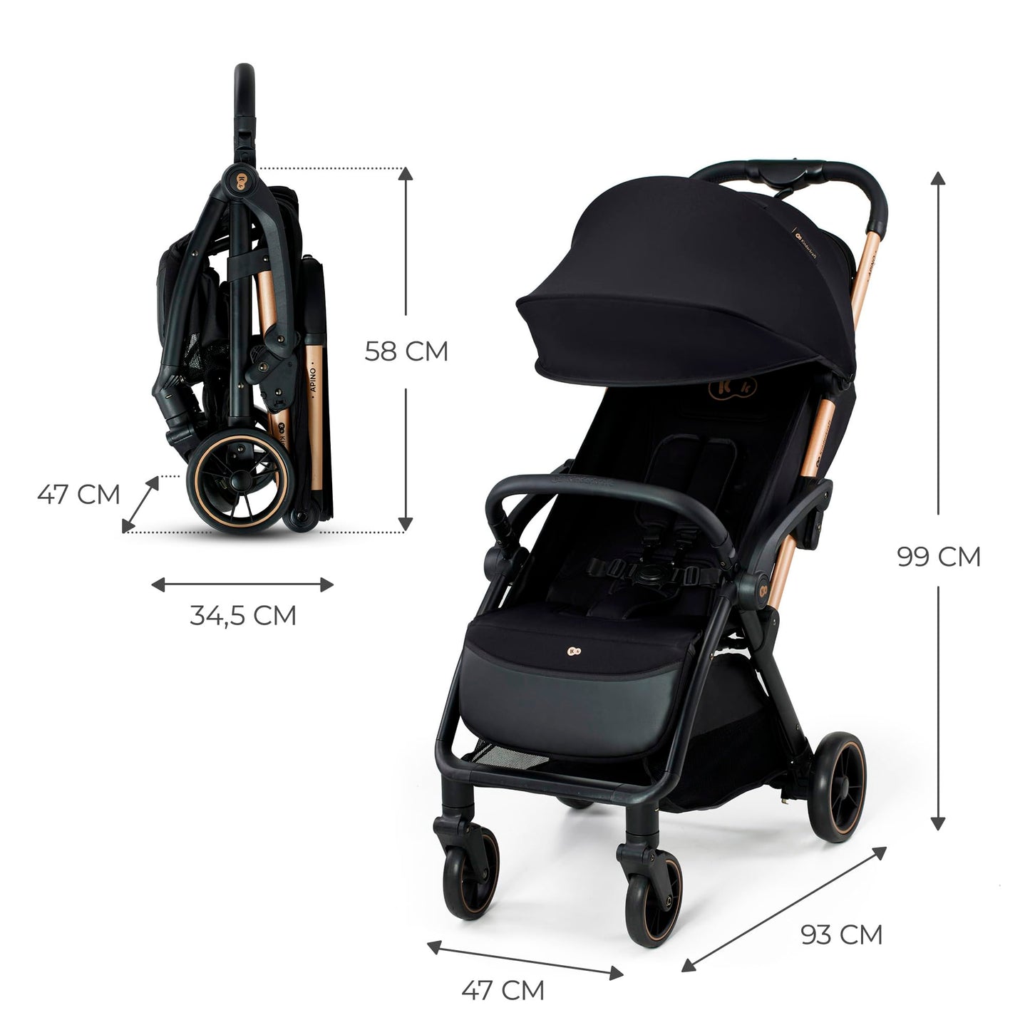 Kinderkraft APINO Silla de Paseo Ligera, Plegado Automático, Posición Tumbada, hasta 24 kg, Negro