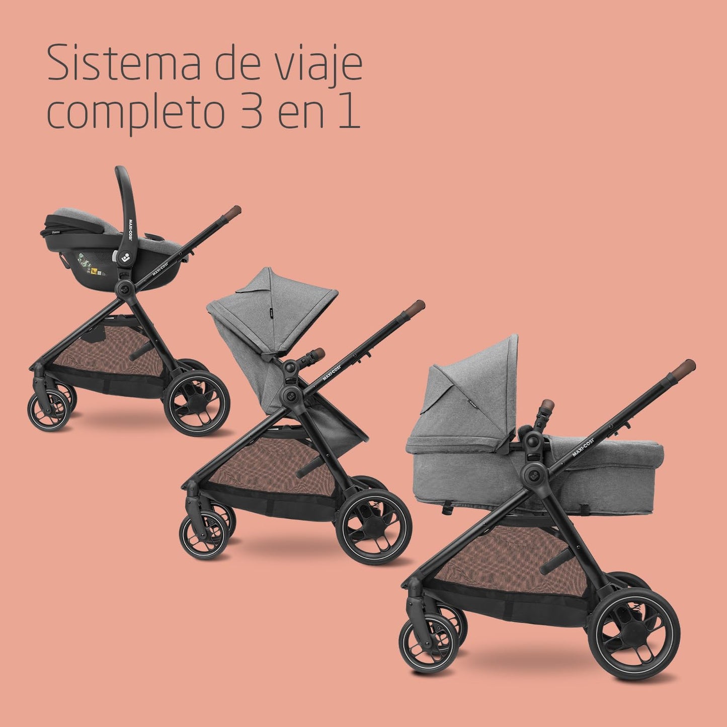 Maxi-Cosi Zelia S Trio Cochecito de Bebé 3 Piezas, con Silla de Coche i-Size, Plegable, de 0-4 Años (hasta 22 kg), Gris