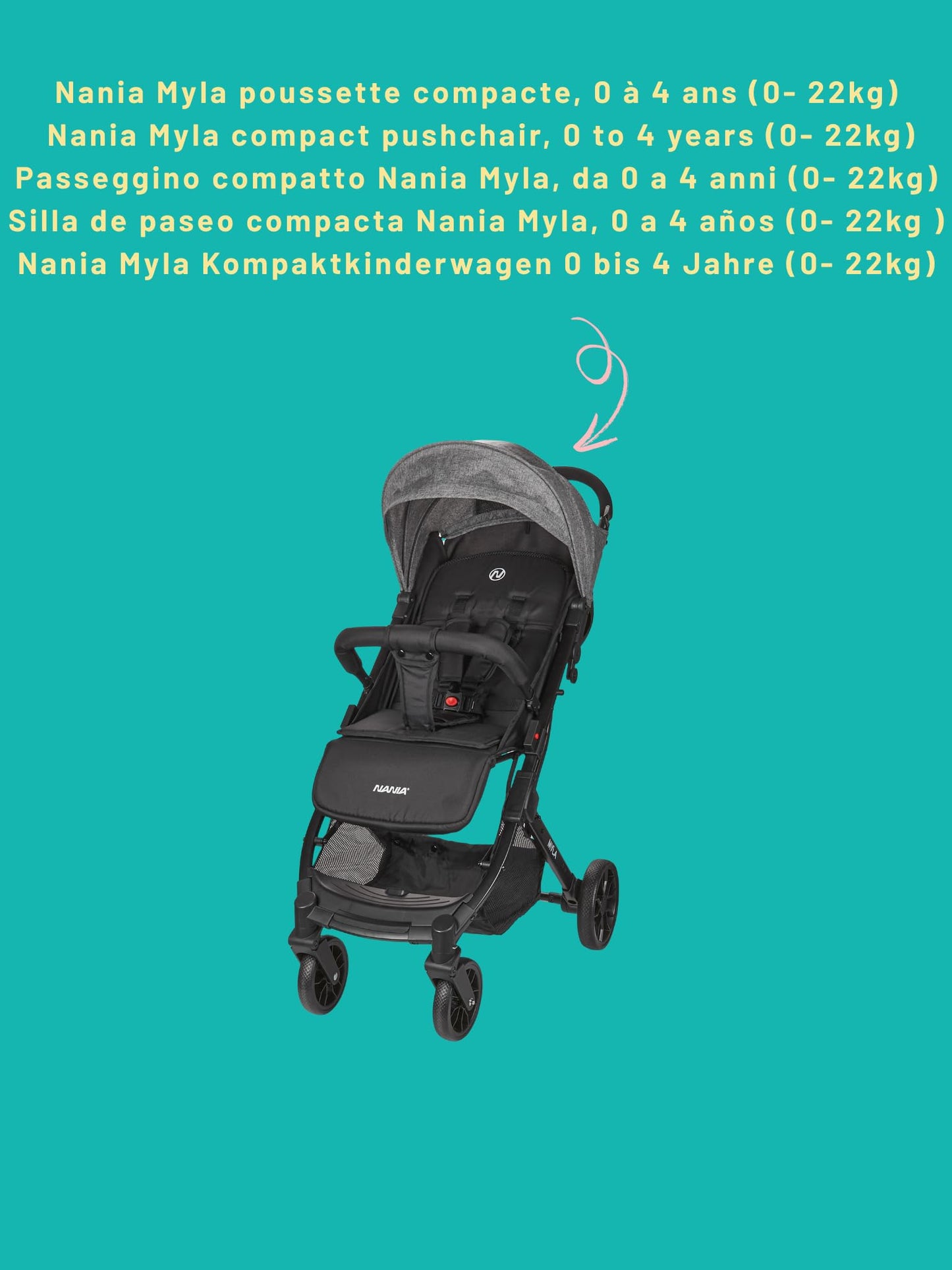 Nania Myla Cochecito de Paseo Compacto, Ligero (7.5 kg), desde Nacimiento hasta 22 kg, con Posición Reclinable Larga y Gran Cesta