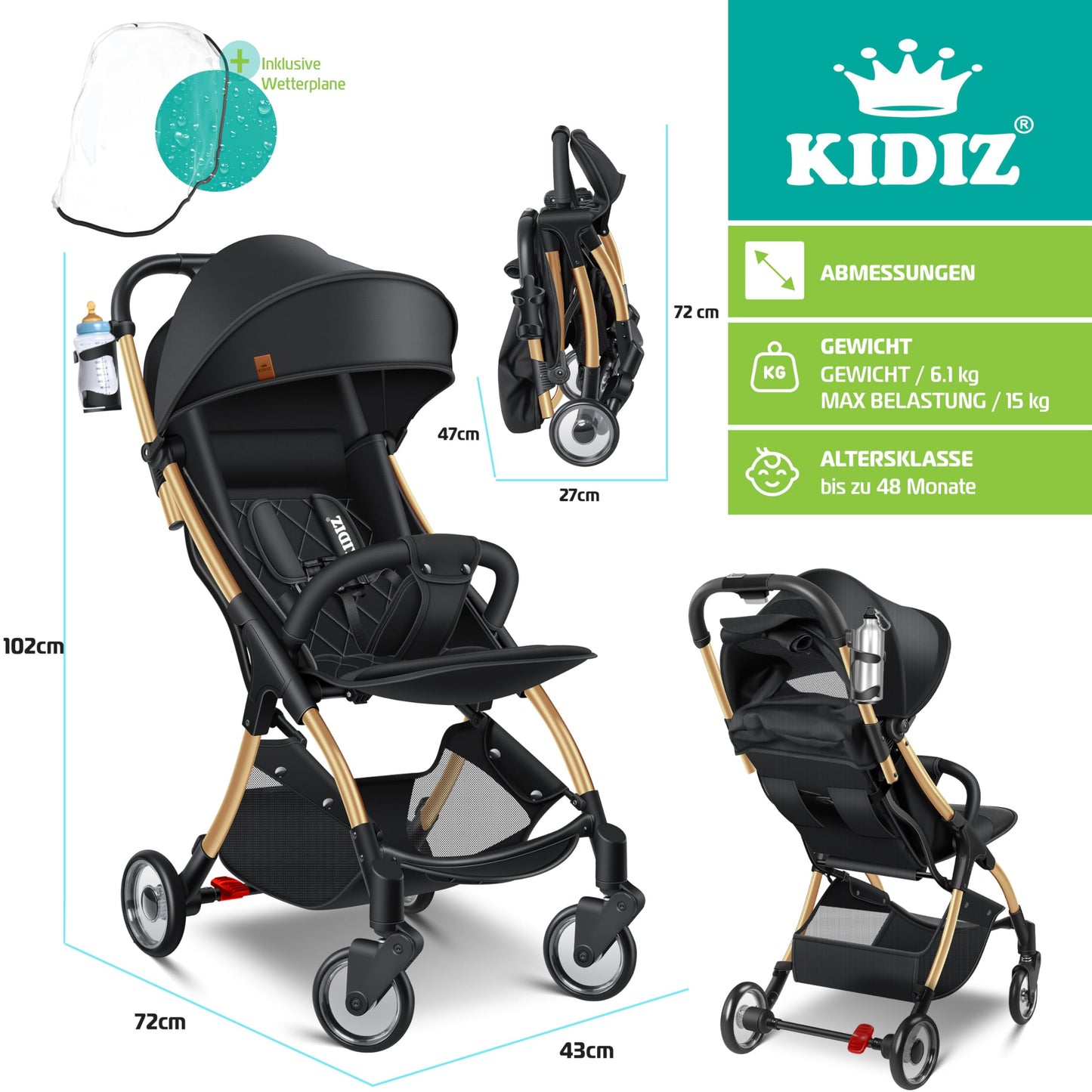 KIDIZ Silla de Paseo Plegable, con Ruedas 360°, Arnés 5 Puntos, Incluye Portavasos y Protector de Lluvia, Champán